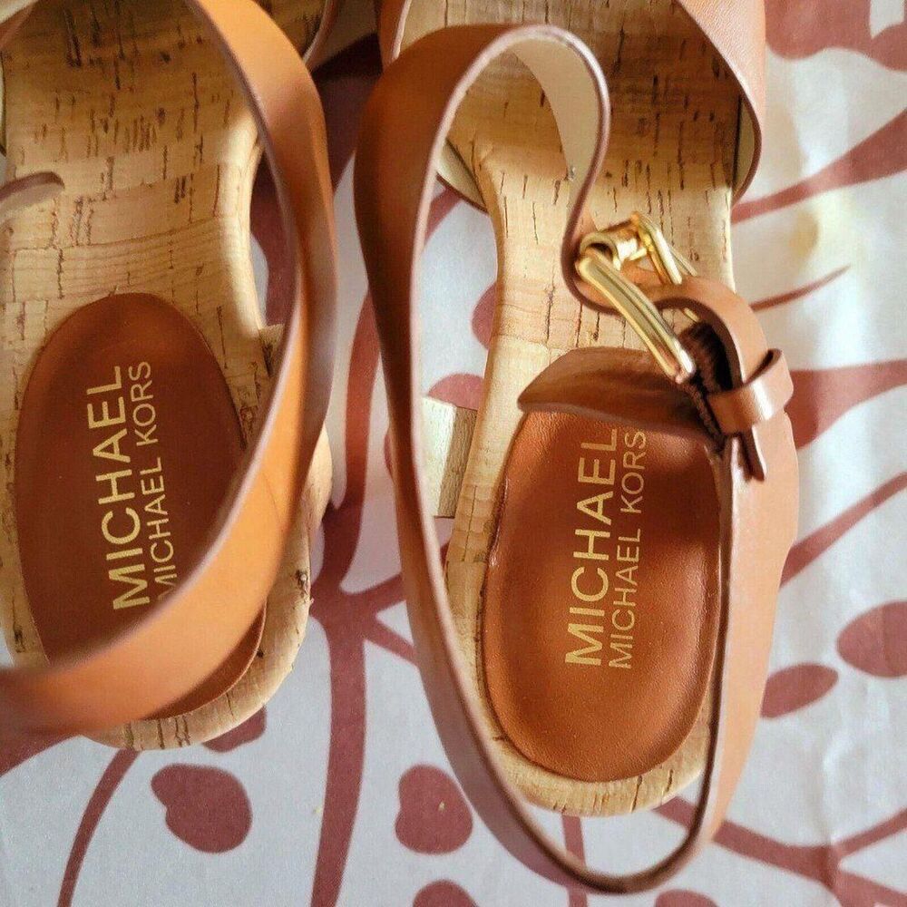 Micheal Micheal Kors Natalia Walnut Leather Cork Platform Sandals  7.5 - Picture 4 of 11